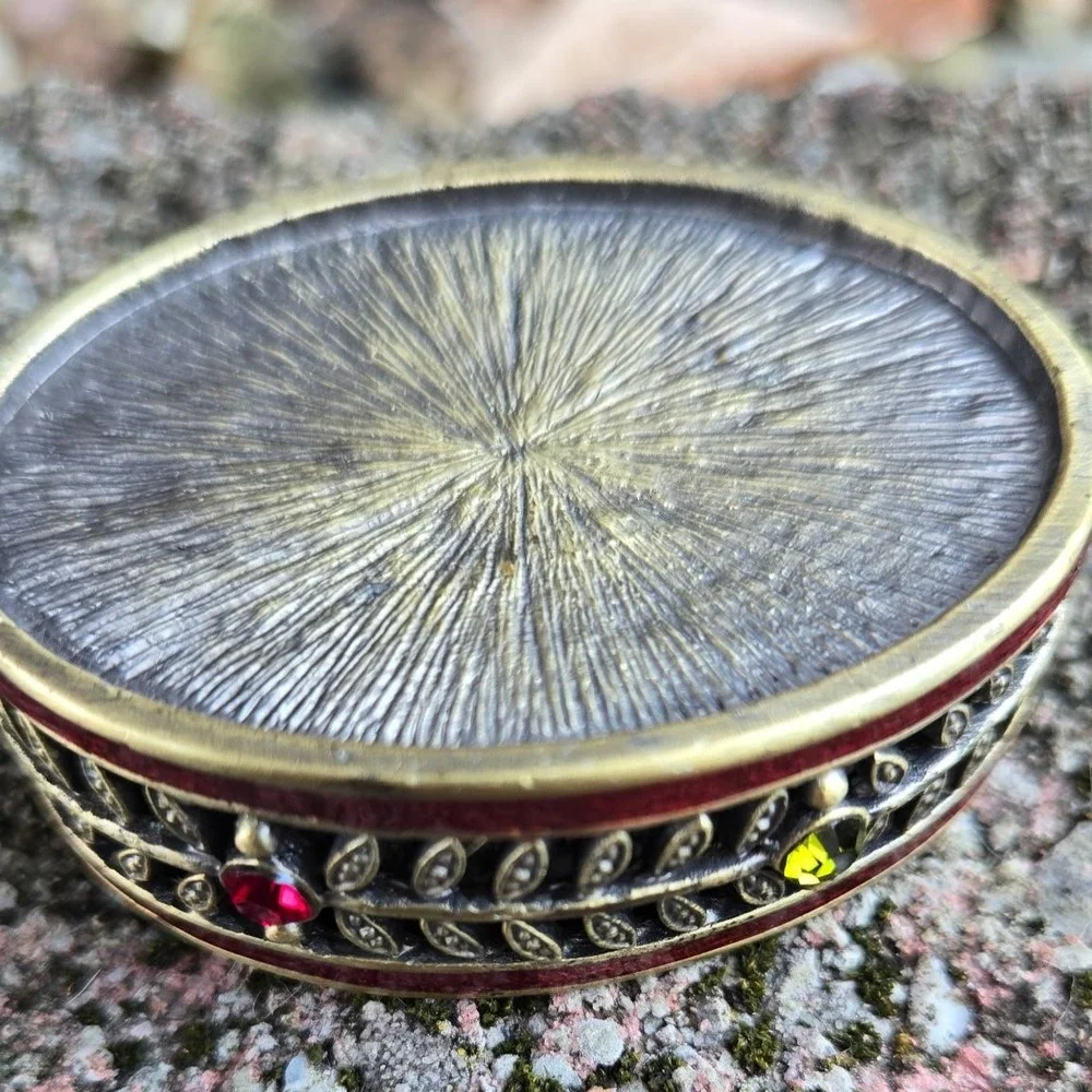 Vintage Oval Trinket Jewelry Box Red Enamel Gold Tone Rhinestone Accents Display